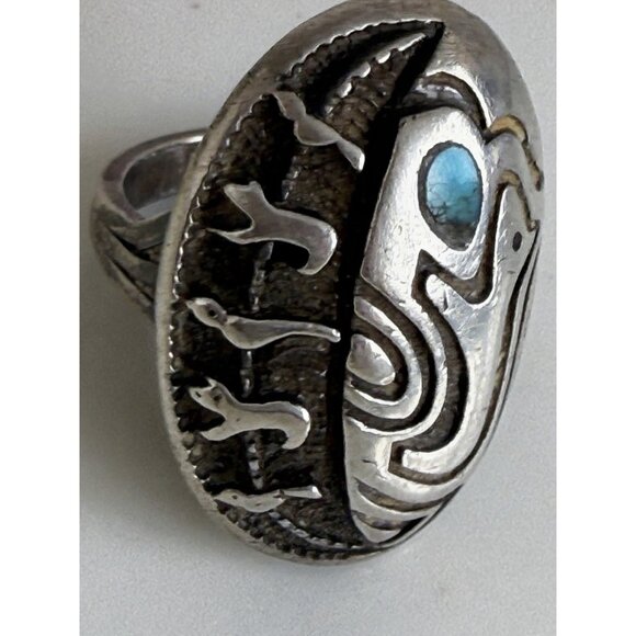 Vintage 60s Navajo Ring Sterling Turquoise Fetish Animals Birds Bears Size 7.25 - Picture 6 of 11